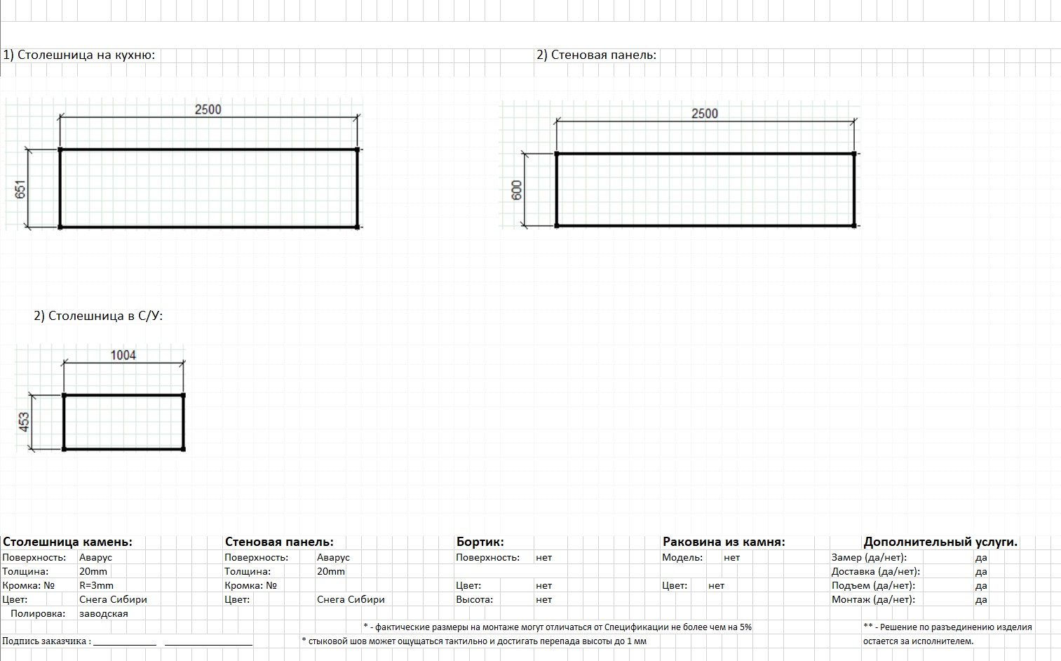 Чертёж столешницы и стеновой панели из Аварус R541 Снега Сибири — проект E-Stoun