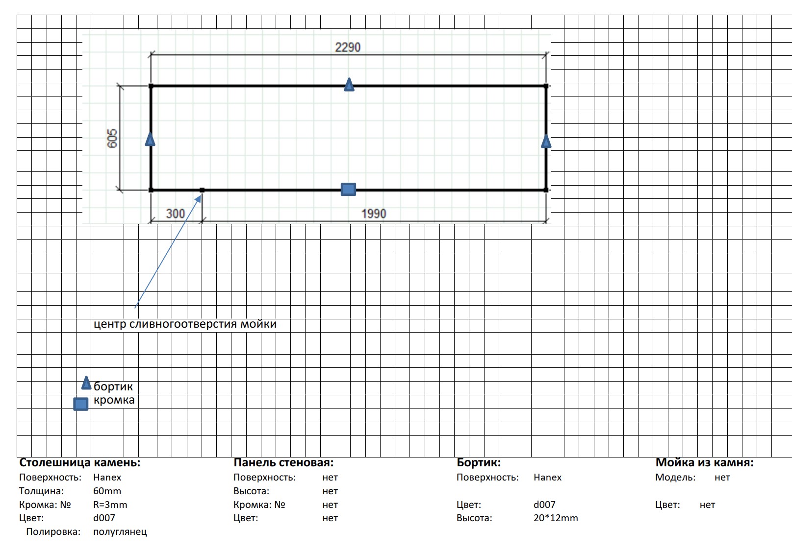 Чертёж столешницы из Hanex D007 Mist — проект E-Stoun