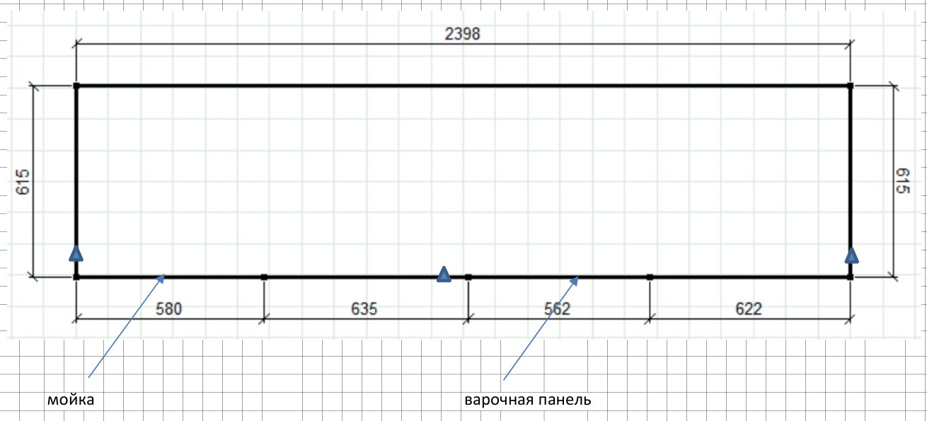 Чертёж столешницы из кварца Vicostone Valley White 2398 × 615 мм — проект E-Stoun