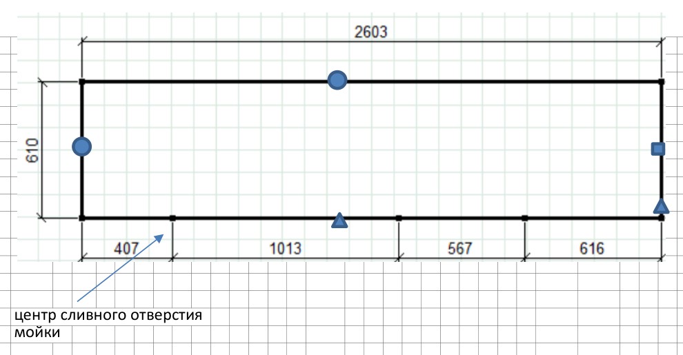 Чертёж прямой столешницы 2603 × 610 мм из кварца Avant 7500 Калакатта Аррас — проект E-Stoun